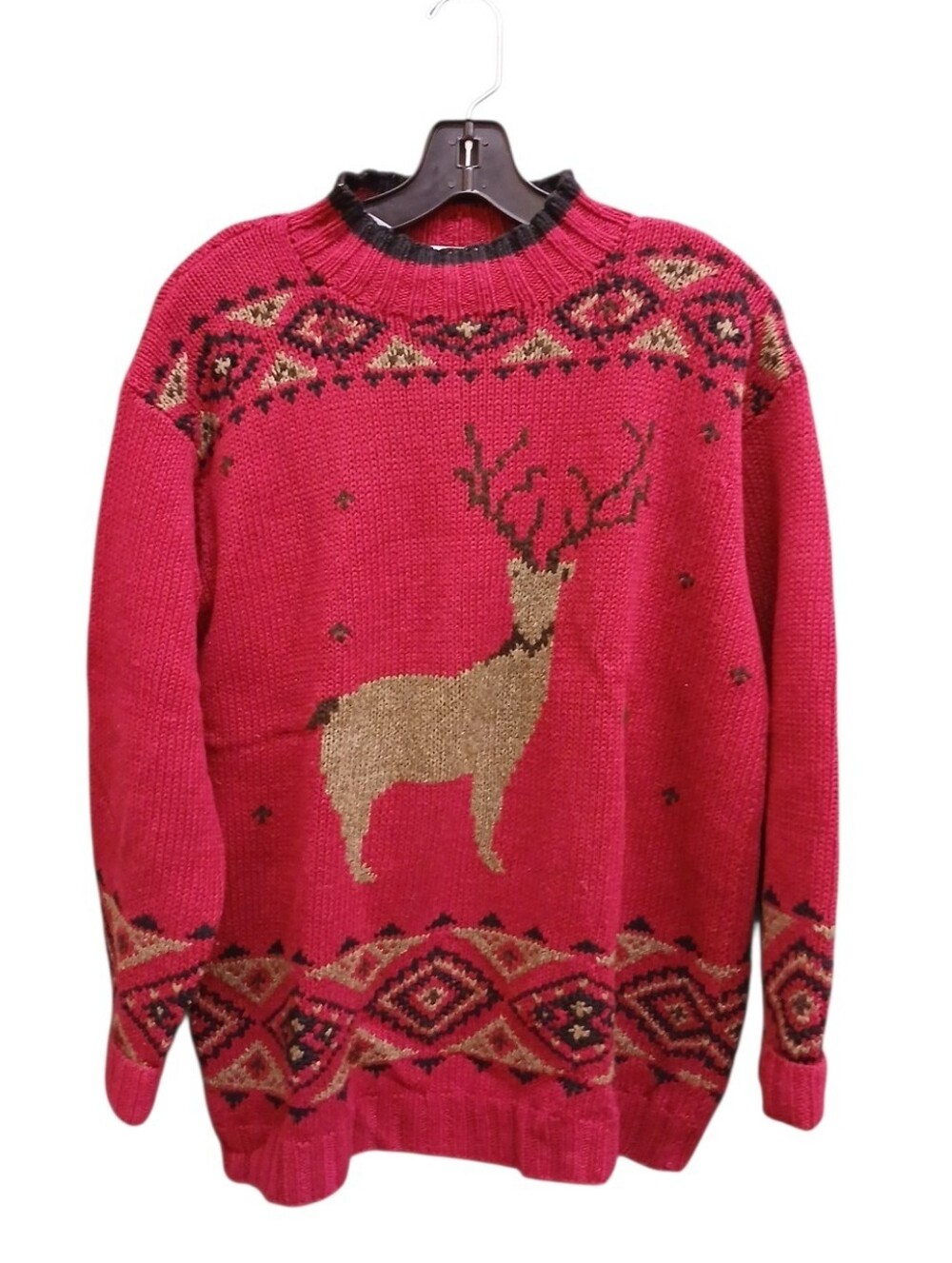 Eddie Bauer Linen Blend Red Crewneck Sweater with Reindeer Motif Size Medium